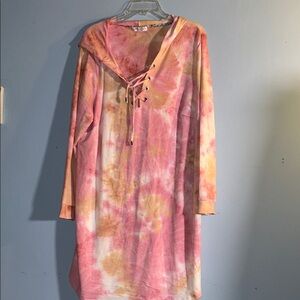 Blue Orchid Pink White  Tan Tie-Dye Lace-Up Hoodie Dress size 2x